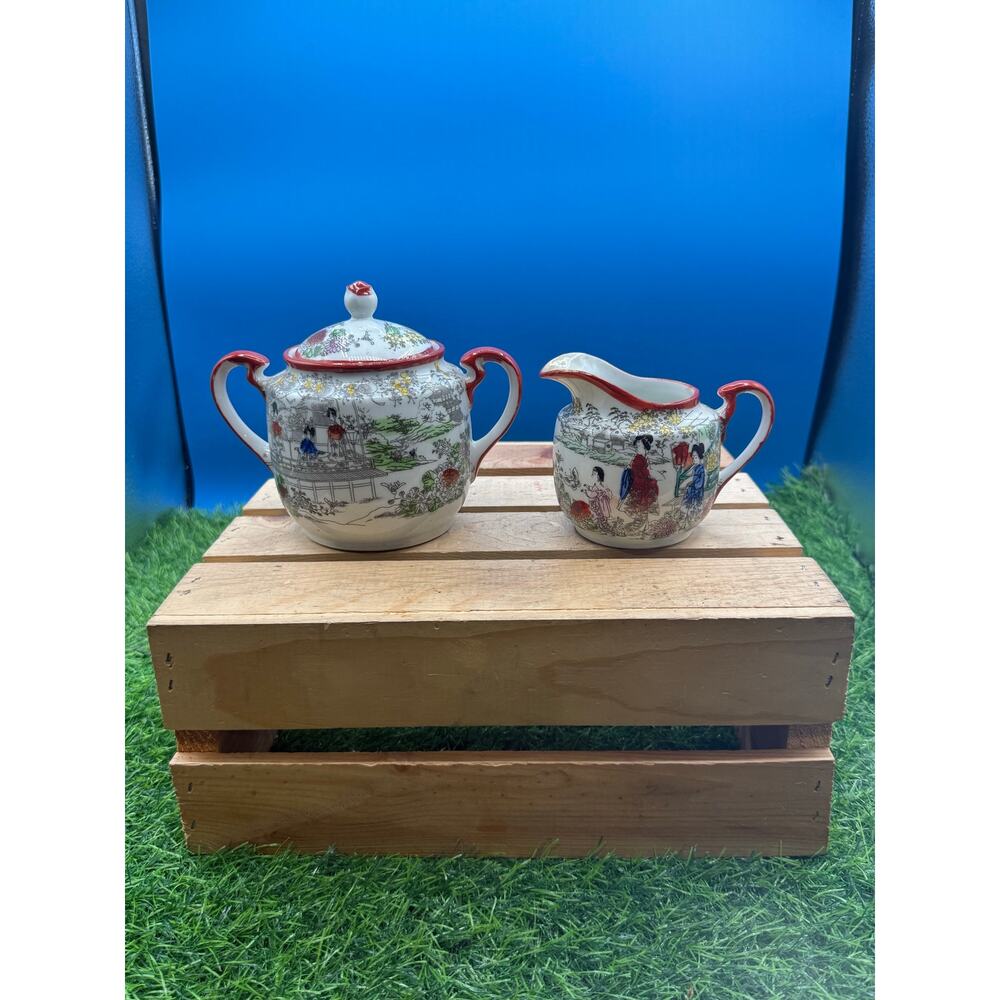 Vintage Japanese Kutani Geisha Sugar Bowl & Creamer Set – Made in Japan
